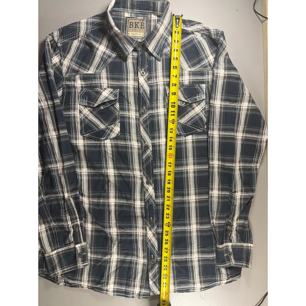 BKE Plaid Button Down Shirt Mens XL Navy Blue Athletic Fit Western Long Sleeve - Picture 7 of 8